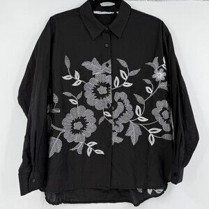 Insight Black Long-Sleeve Shirt With White Floral Embroidery Button-Down , M
